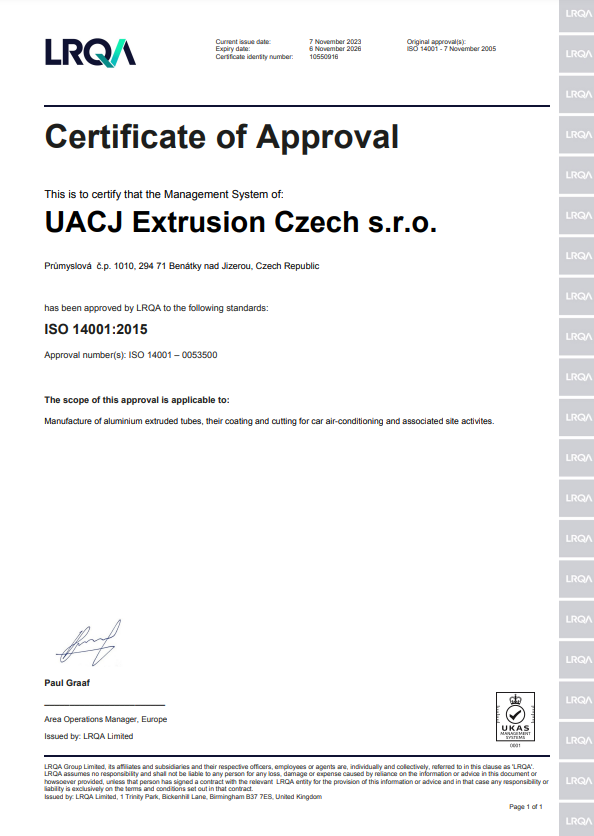 Certificate EMS ISO 14001:2015